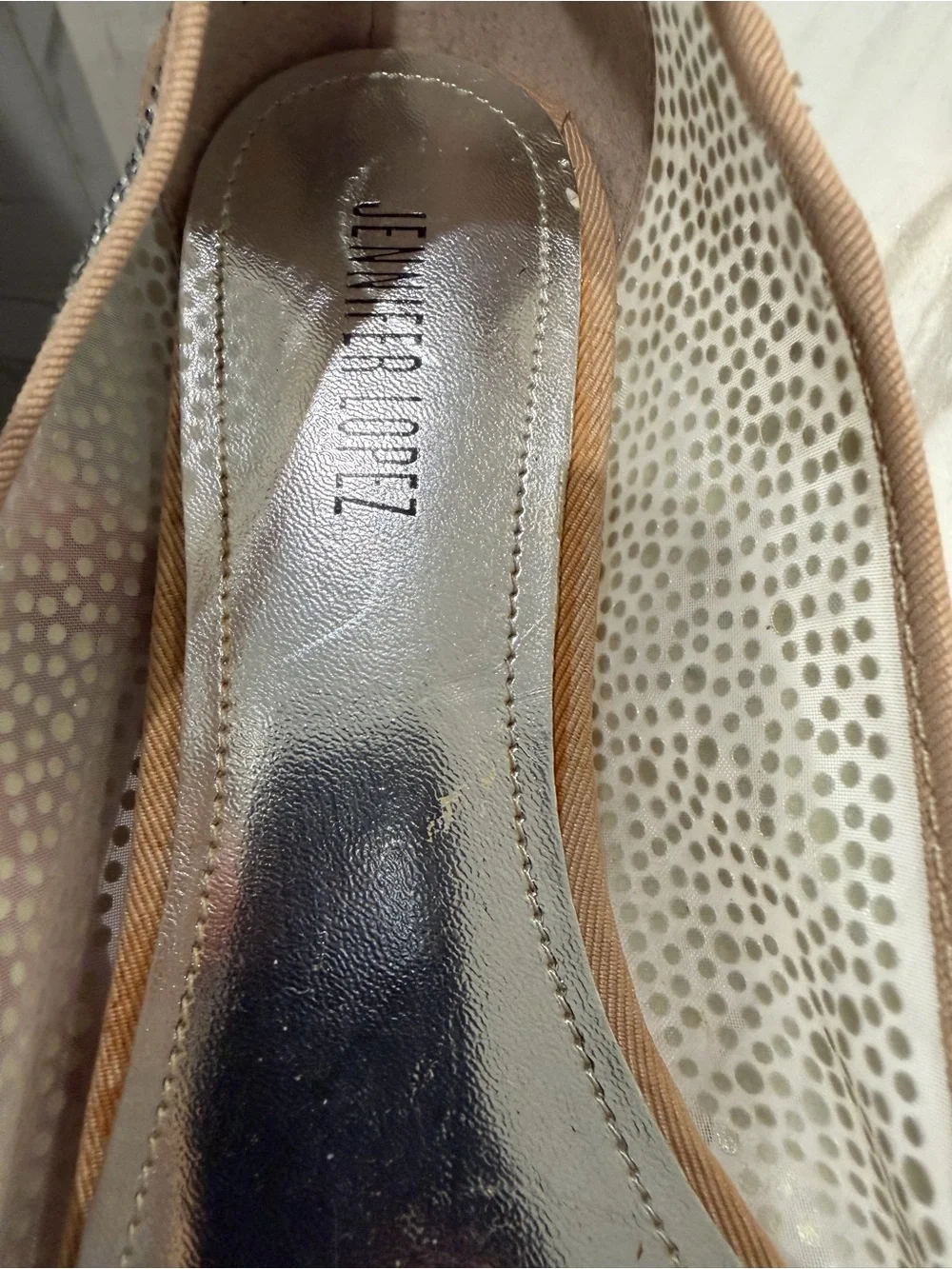 Jennifer Lopez Silver Rhinestone Pointed Toe Ballet Flats with Tan Trim
